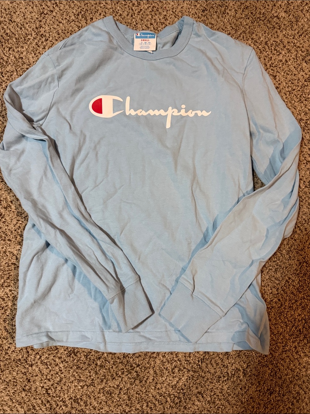 Champion Light Blue Long Sleeve Script Logo Tee with Red Accent